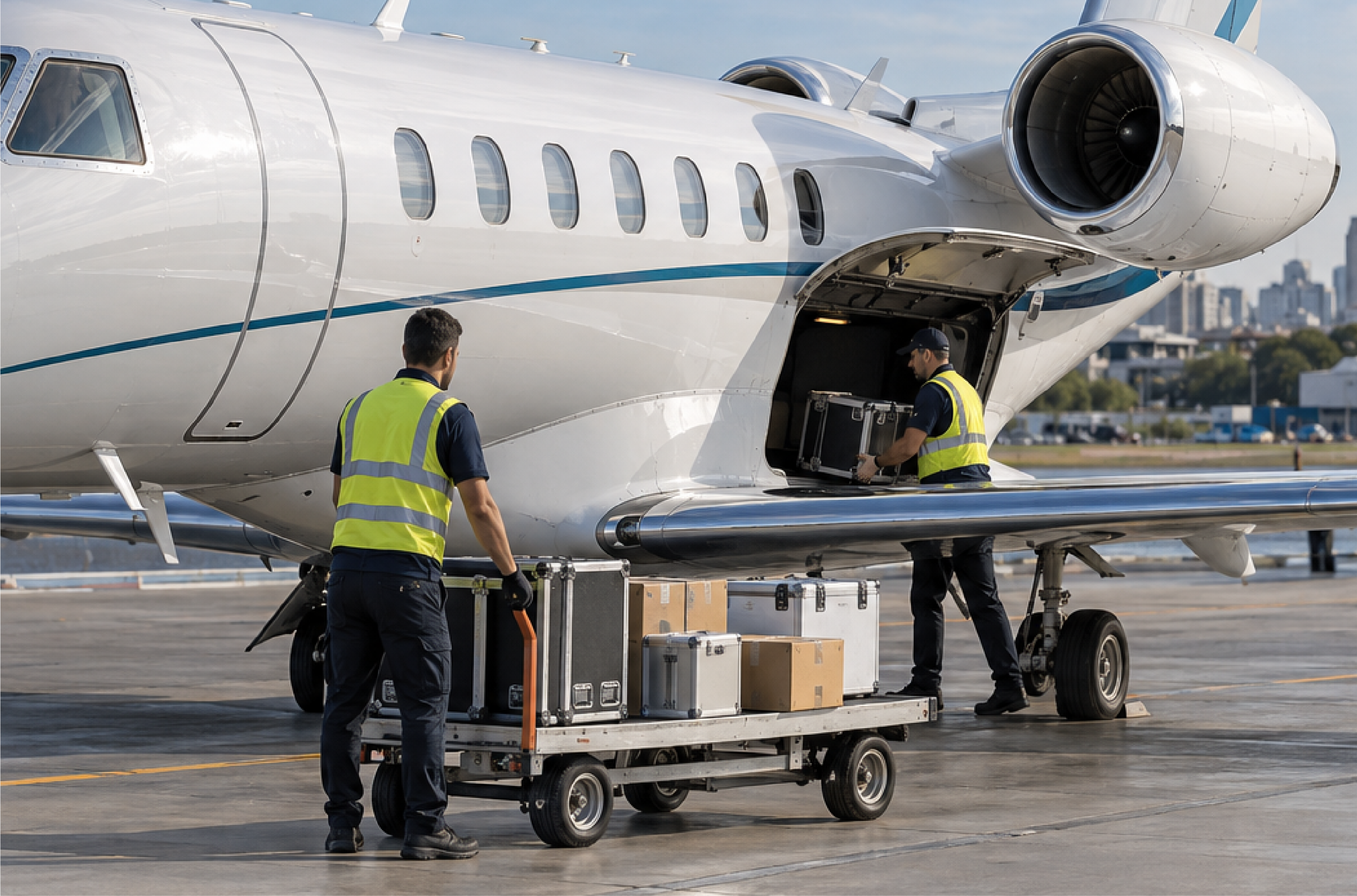 Carga aérea siendo embarcada en un jet privado