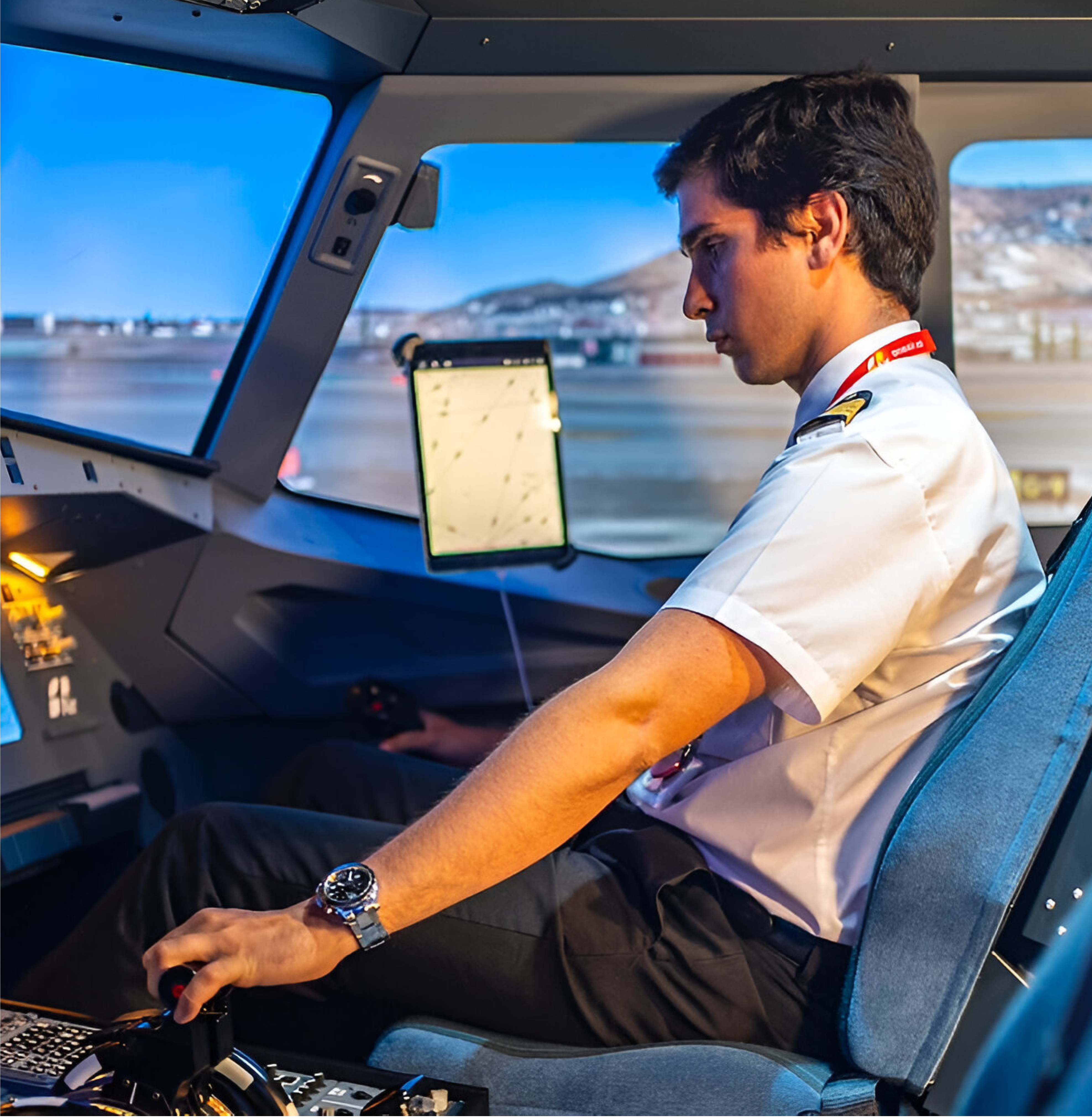 Piloto en cabina con tecnología de vuelo